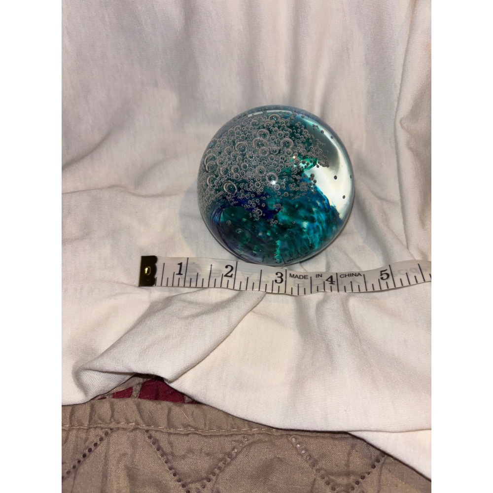 Hand Blown Glass Paperweight Controlled Bubble Teal Blue Green Ocean Wave 3"